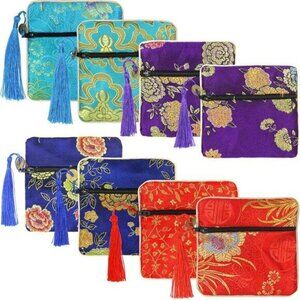 8pcs Silk Brocade Jewelry Bags with Zipper 11.5x11.5cm, Jewellery Silk Purse Pou